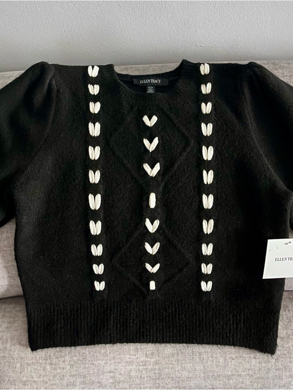 Ellen Tracy Black Crewneck Sweater with White Embroidered Accents